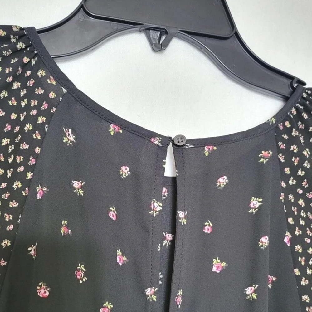 Gap Women Black Pink Floral Flutter Sleeve Cottage Boho Chiffon Career Blouse XS - Picture 4 of 6